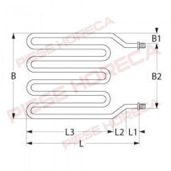 Rezistenta cuptor pizza, CUPPONE 230V  800W L 370mm (conform schitei), l - 390mm, L conexiunilor electrice- 87mm (se adauga la lungime), 4 varfuri, distanta intre bratele rezistentei de 310mm, conectori electrici cu surub M4, montare cu piulite M10x1